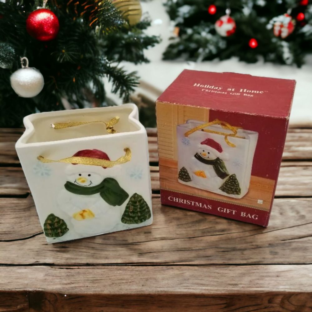 Snowman Glazed Ceramic Porcelain Gift Bag Holiday Christmas Snowflake